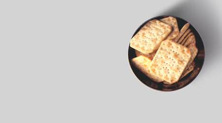Close up view Isolated Crackers on grey background. added copy space for text.の写真素材