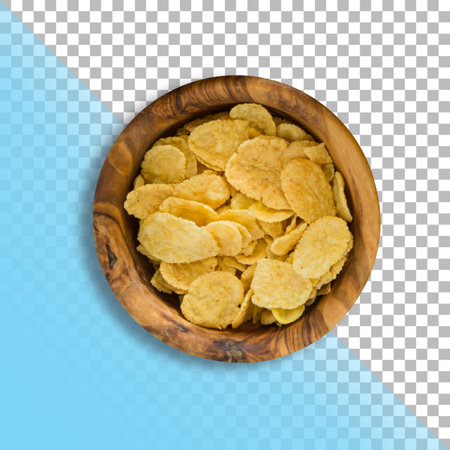 Closeup view corn flakes on wooden bowl over transparent background.