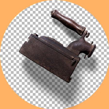 Top up view vintage coal iron isolated on transparent.の写真素材