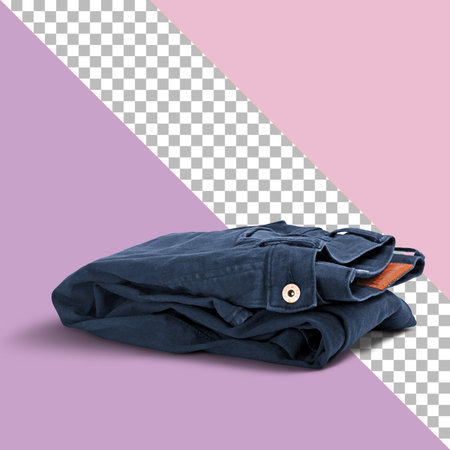 Close up view of folded blue jeansの写真素材