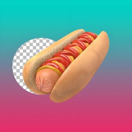 Hot dog with mustard and ketchup, side view isolated.の写真素材