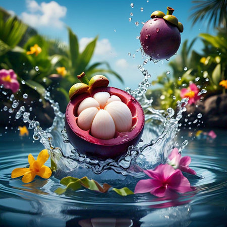 A splash of exotic mangosten , a tropical paradise captured in motion, captures the essence of freshness, natural elegance and pure refreshing pleasure.の写真素材