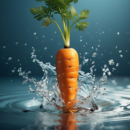 A vibrant orange carrot plunges dramatically into pristine water, creating a dynamic splash. The freshness is palpable, highlighting the vegetable's natural vitality. Water droplets dance around the carrot, underscoring its cleanliness and emphasizing its appeal as a wholesome and refreshing ingredient.の写真素材