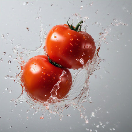A dynamic studio shot capturing two ripe tomatoes suspended in mid-air, surrounded by a burst of crystal-clear water. The image evokes a sense of freshness and vitality, highlighting the natural beauty and wholesomeness of the vibrant red vegetables, perfect for culinary or health-related visuals.の写真素材