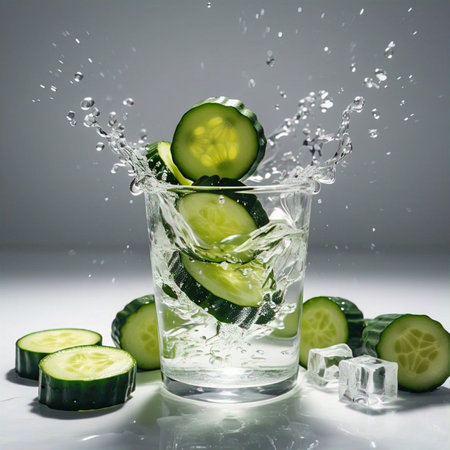 Invigorating image of cucumber slices falling into a crystal clear glass of water creating a refreshing splash. Accompanied by ice cubes and additional cucumber slices, this still life captures the essence of healthy hydration and the vibrant crispness of nature's refreshment. Perfect for conveying wellness, dietary, and thirst-quenching concepts.の写真素材