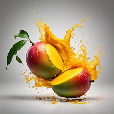 A vibrant image showcasing a sliced mango with a dynamic splash of its own juice. The vivid colors and refreshing presentation capture the essence of tropical delight. Perfect for conveying freshness, health, and exotic indulgence.の写真素材