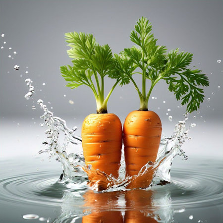 Two vibrant orange carrots with lush green tops plunging into clear water. The dynamic splash creates energetic ripples, highlighting the freshness and vitality of this wholesome vegetable. A close-up studio shot emphasizing organic produce and healthy eating.の写真素材