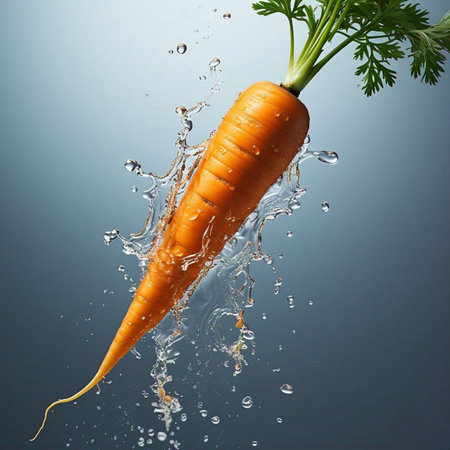 A vibrant orange carrot is suspended in motion, surrounded by a dynamic splash of water. The crystal-clear droplets highlight the freshness and purity of this garden vegetable. Itの写真素材