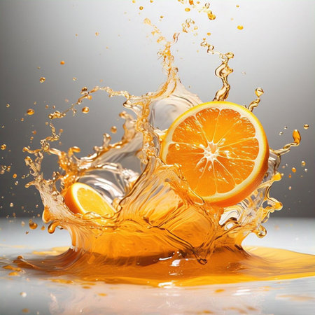 Splashes of fresh orange, fresh lemon and dynamic jets of water capture the essence of energy, freshness and vibrancy.の写真素材