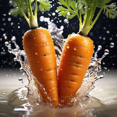 A close-up captures two vibrant orange carrots as they plunge into water, creating a refreshing splash. Water droplets cling to their surfaces, enhancing their fresh and crisp appearance. The image evokes a sense of healthy eating and natural goodness.の写真素材