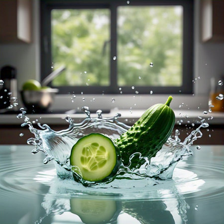 A crisp cucumber and a slice are captured mid-splash, surrounded by a crown of water droplets. Shot in a bright kitchen setting, this image evokes a sense of refreshment, cleanliness, and healthy eating. The vibrant green hue of the cucumber contrasted against the neutral background adds to the visual appeal.の写真素材