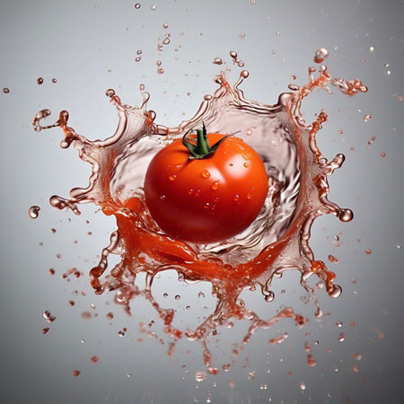 A luscious red tomato hangs suspended in mid-air, enveloped by a dynamic splash of clear liquid. Tiny droplets create a sense of vibrant movement, highlighting the freshness of the tomato. The image captures a moment of pure refreshment, ideal for conveying health, vitality, and culinary delight.の写真素材