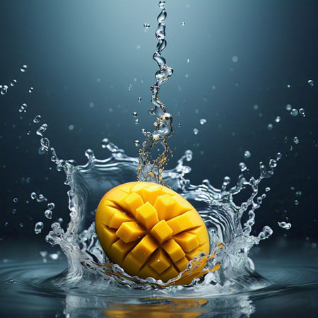 A vibrant, halved mango suspended mid-air, captured in a dynamic moment as clear water splashes around it. The fruit's textured surface contrasts beautifully with the smooth, flowing liquid, creating an appetizing image that evokes freshness and natural goodness.の写真素材