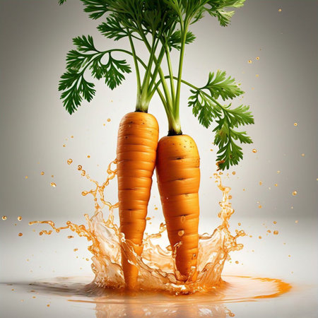 Two vibrant carrots stand side-by-side, their verdant leaves reaching upwards. A dynamic splash of liquid encircles them, suggesting freshness and vitality. The image evokes a sense of natural goodness, highlighting the wholesome and refreshing qualities of the carrots.の写真素材