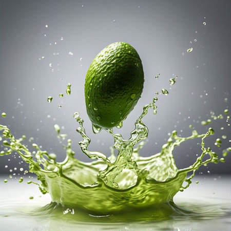 A juicy lime plunges into a pool of verdant liquid, creating a dynamic splash. The vibrant green hue...