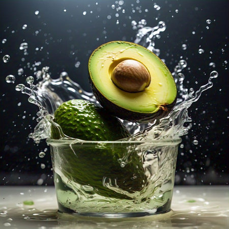 A halved and whole avocado sit in a glass of water, captured in a dynamic splash. The contrasting textures of the smooth flesh, pitted skin, and clear liquid create a captivating visual, emphasizing freshness and natural vibrancy. The scene speaks to healthy living and simple indulgence.の写真素材