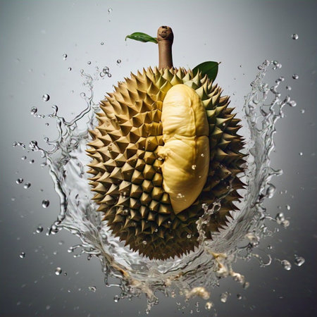 A spiky durian fruit with a golden slice showcased, captured in a dynamic splash of water. The...