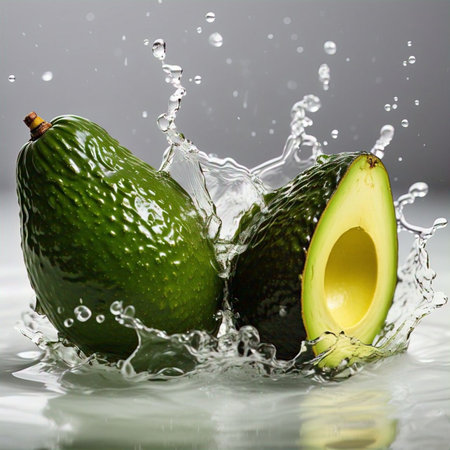 Two fresh avocados, one whole and one halved, are captured amidst a dynamic splash of water. The scene exudes freshness and cleanliness, highlighting the fruit's vibrant green color and smooth texture. Droplets of water dance in the air, creating a sense of movement and invigorating the senses. This image embodies healthy eating and a clean lifestyle.の写真素材