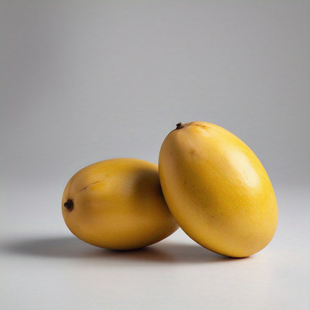 Two ripe mangoes are presented against a muted backdrop, highlighting their smooth, yellow skin. The tropical fruit arrangement exudes a sense of healthy indulgence and is ideal for evoking summer vibes and culinary projects.の写真素材