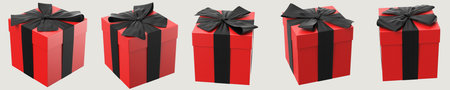 A collection of four red gift boxes with black ribbons, symbolizing celebration and gifting...