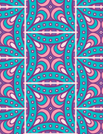 A vibrant geometric pattern featuring curves and dots in pink and turquoise on a purple background.