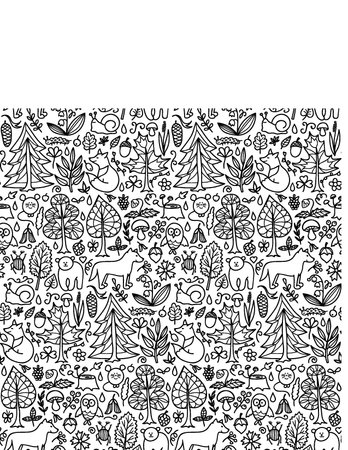 A whimsical black-and-white pattern featuring trees, animals, and nature elements, ideal for...