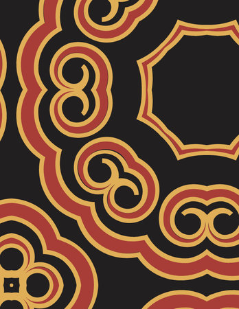 intricate geometric mandala design with gold and red accents on black background