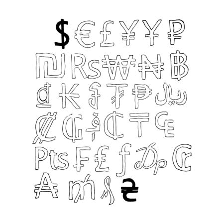 Hand drawn vector outline black icons for world curenciesのイラスト素材