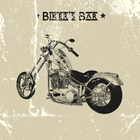Hand drawn vintage motorcycle silhouette, distressed texture, runge backkground.のイラスト素材