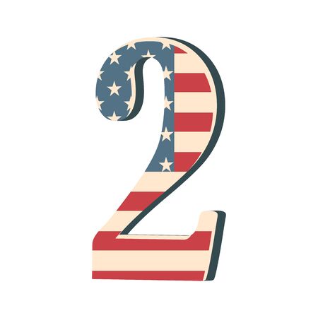 Capital 3d number two with american flag texture isolated on white background. Vector illustration. Element for design. Kids alphabet. USA flag patriotic font.のイラスト素材