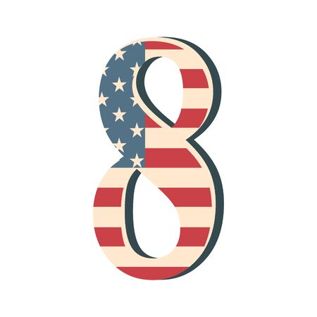 Capital 3d number eight with american flag texture isolated on white background. Vector illustration. Element for design. Kids alphabet. USA flag patriotic font.のイラスト素材