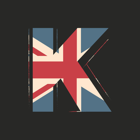 Capital 3d letter K with UK flag texture isolated on black background. Vector illustration. Element for design. Kids alphabet. Great Britain patriotic font.のイラスト素材