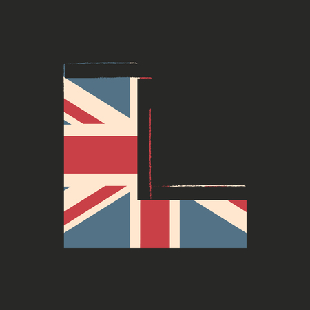 Capital 3d letter L with UK flag texture isolated on black background. Vector illustration. Element for design. Kids alphabet. Great Britain patriotic font.のイラスト素材