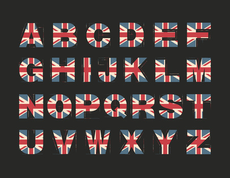Capital 3d Alphabet with UK flag texture isolated on black background. Vector illustration. Element for design. Kids alphabet. Great Britain patriotic font.のイラスト素材