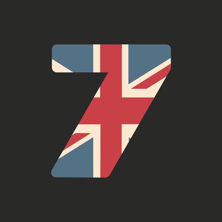 Capital number seven with UK flag texture isolated on black background. Vector illustration. Element for design. Kids alphabet.のイラスト素材