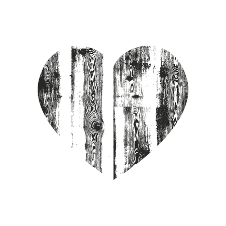 Isolated distress grunge heart with wooden texture. Element for greeting card, Valentine s Day, wedding. Creative concept. Vector illustrationのイラスト素材
