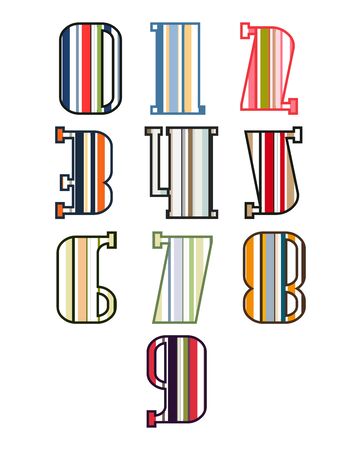 Striped colorful numbers isolated on white background. Elements for kids cards or alphabets in vintage or retro style. One, two, three, four, five, six, seven, eight, nine, zeroのイラスト素材