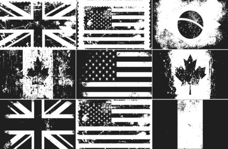 Set of distressed grunge flags of United Kingdom, USA, Canada, Germany, Brazil.のイラスト素材