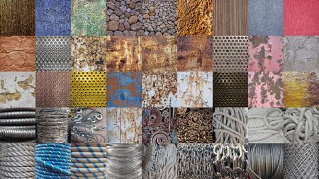 Set of distress cracked concrete, wooden planks, rusted metal, rope, fabric, brick texture. Black and white grunge background.の写真素材