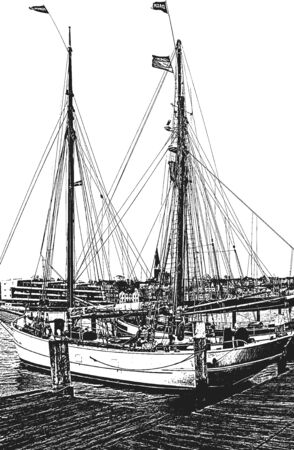 Berth for yachts and boats in the seaport. The ocean yachts is securely moored at the pier of the passenger terminal of the port. Vintage hand drawn vector illustration. Grunge background.のイラスト素材