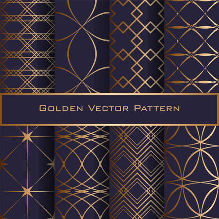 Set of Golden Geometric Seamless Patterns. Luxury design for textile, faabric, wrapping paper. EPS 10 vector illustration. Blue background.のイラスト素材