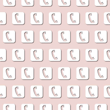 White handset icon on pale pink background, seamless pattern. Paper cut style with drop shadows and highlights.の写真素材