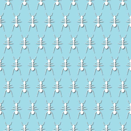 White ant silhouette on pale blue background, seamless pattern. Paper cut style with drop shadows and highlights.の写真素材