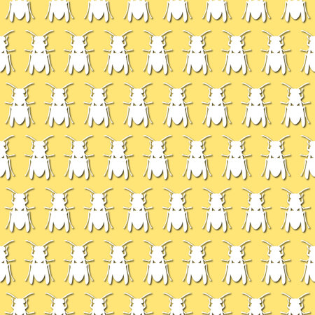 White bee, silhouette on yellow background, seamless pattern. Paper cut style with drop shadows and highlights.の写真素材