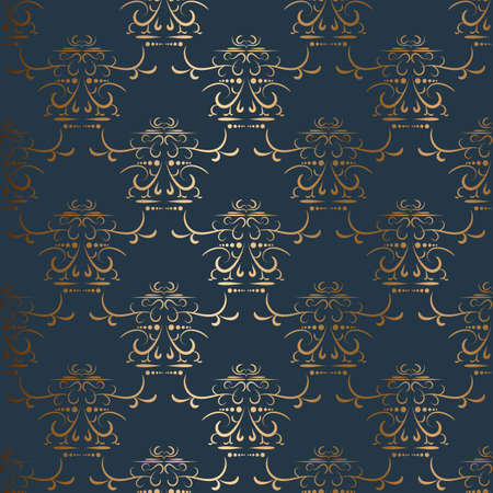 Abstract vector ornamental seamless golden pattern. Blue background.