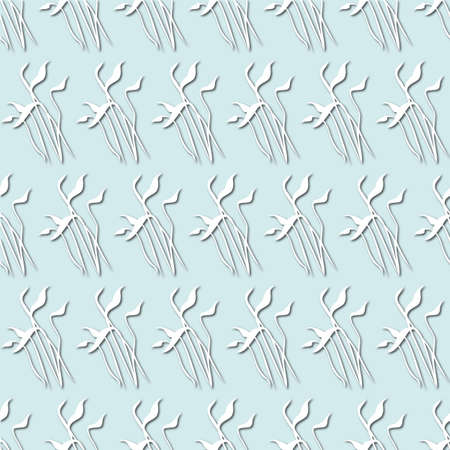 White plant, flowers silhouette on pale blue background, seamless pattern. Paper cut style with drop shadows and highlights.の写真素材