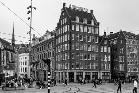 AMSTERDAM, NETHERLANDS. JUNE 06, 2021. Dam Square. Abn Amro facade. Beautifull view of the cityのeditorial素材