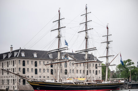 AMSTERDAM, NETHERLANDS. JUNE 06, 2021. Old wooden Stad Amsterdam ship. Black and white photography