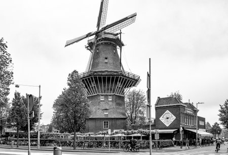 AMSTERDAM, NETHERLANDS. JUNE 06, 2021. De Gooyer windmill. The tallest wooden mill in the Netherlands. Black and white photography.のeditorial素材