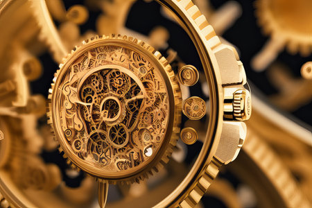 Golden ball bearings and gears in clockwork. modern backgroundの写真素材